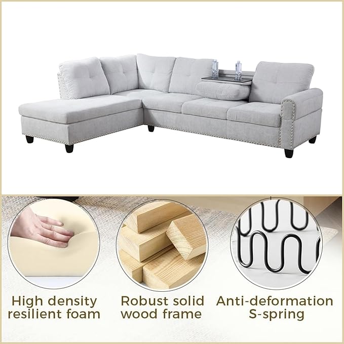 FONTOI L Shaped Sectional Couch Sofa Modern Nail-Head Design Sectional Sofa for Living Room 4 Seat L Couch with Storage Ottoman &amp Cup Holder for Bedroom Apartment Grey