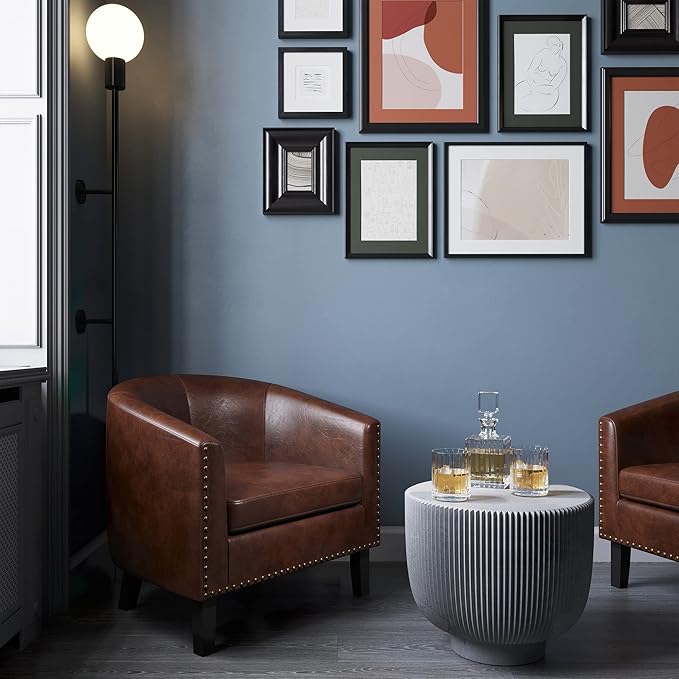 BELLEZE Accent Barrel Chair Modern Faux Leather Tub Club Chair Upholstered Armchair with Gold Nail Head Trim and Black Legs for Living Room Bedroom Apartment Lounge - Brown