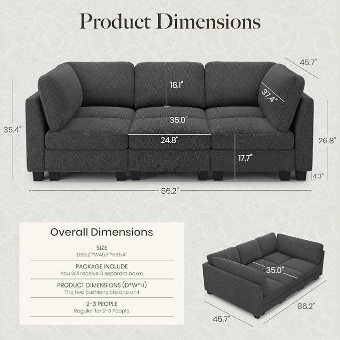 Belffin 86.2 Sectional Sleeper Sofa Bed with Deep Seat Cloud Modular Sectional Couches for Living Room. Dark Grey Sofa