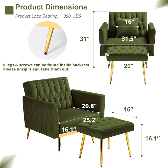Velvet Accent Chair w/Adjustable Armrests and Backrest Button Tufted Lounge Chair Single Recliner Armchair with Ottoman and a Pillow for Living Room BedroomOlive Green