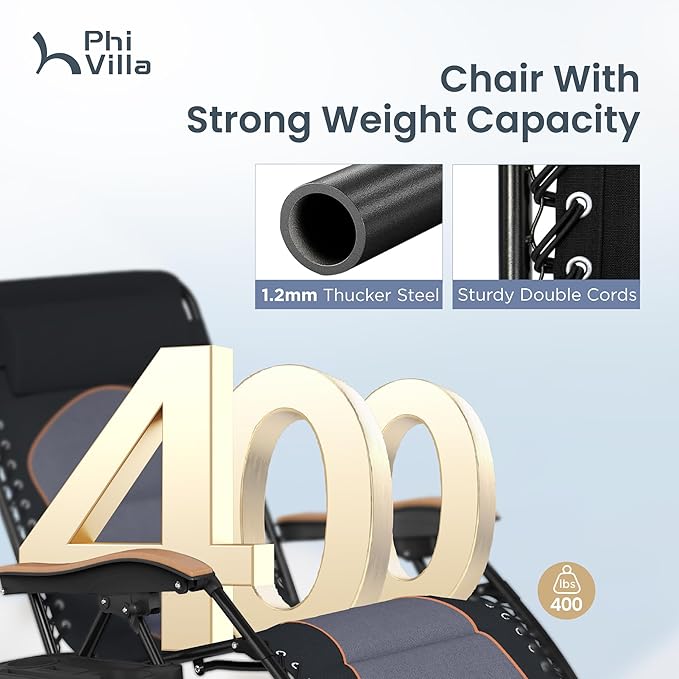 PHI VILLA XXL Oversized Padded Zero Gravity Chair Foldable Patio Recliner 30 Wide Seat Anti Gravity Lounger with Cup Holder Support 400 LBS (Black &amp Orange Accents)