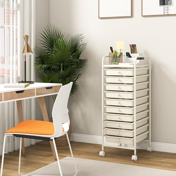 Giantex 10-Drawer Storage Cart w/Universal Wheel Rolling Cart w/Handle Home Organizer Storage Unit w/Removable Drawers Trolley Utility Cart for Kitchen Makeup Living Room Office Play Room Ivory