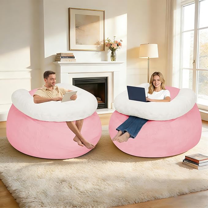 HABUTWAY Giant Bean Bag Chair Oversized Beanbag Chair with Filler Ultra Soft Faux Fur Bean Bag Lounge Floor Sofa w/U-Shaped Pillow for Gaming Reading Pink &amp Beige