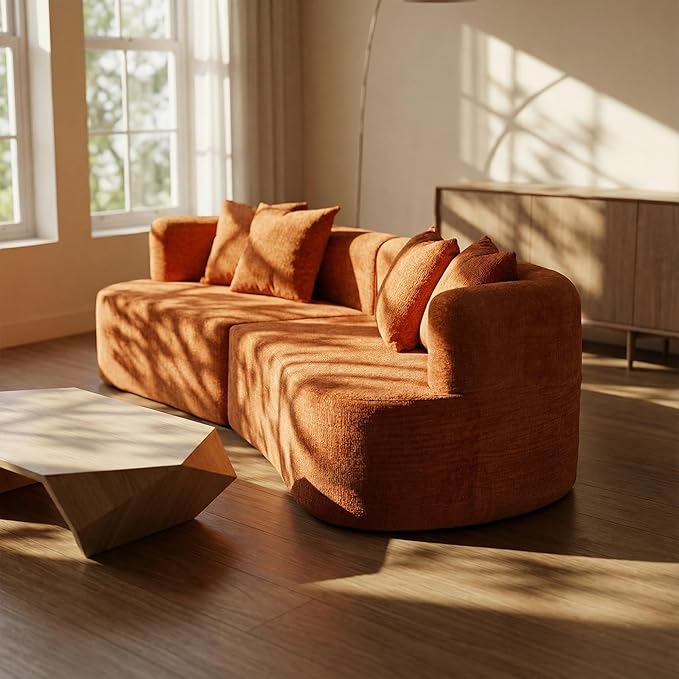 106 Modern Curved Boneless Sectional Couches for Living Room Luxury Chenille Fabric Oversized Modular Cloud Sofa with 4 Pillows Comfy Deep Seat Foam Couch in Box No Assembly (4 Seater Orange)