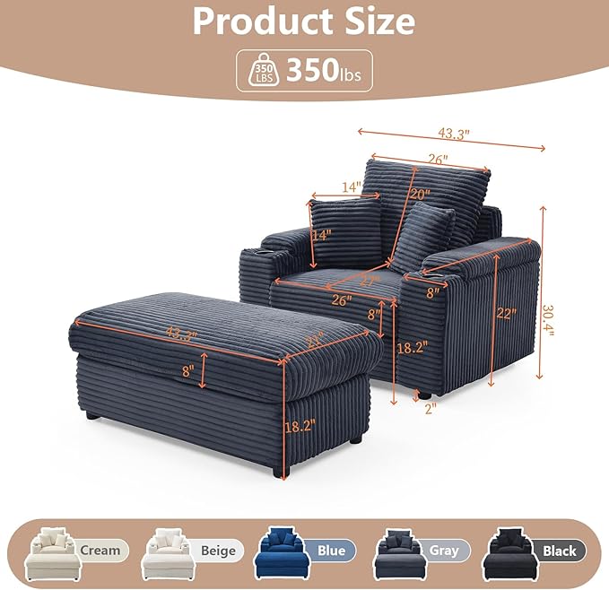 43.3”W Oversized Accent Chair with Ottoman &amp Storage Modern Corduroy Reading Chair with Cup Holder &amp Pillow Comfy Upholstered Deep Seat Armchair for Living Room Bedroom (Dark Grey)