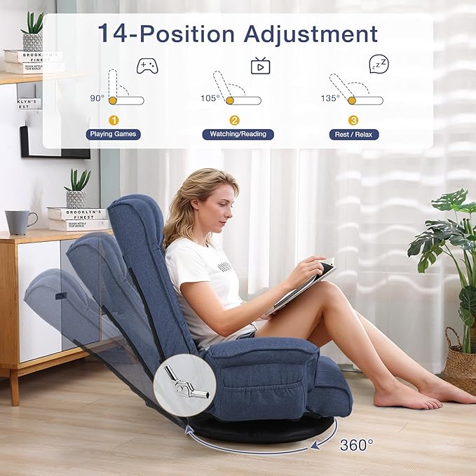Linen Fabric Ergonomic Gaming Chair 6-Position Reclining Sofa Bed with Lumbar Support Foldable Floor Lounger with Thick Cushion Armrests &amp Side Pockets for Esports Reading Napping (Blue)