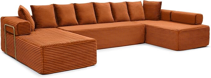 145 inch Modern Sectional Couch for Living Room Oversized Cloud Boneless Couch with Freely Movable Armrest and Fixed-Shape Frame Orange Modular Sofa U Shape Couches | No Assembly Required Free Comb