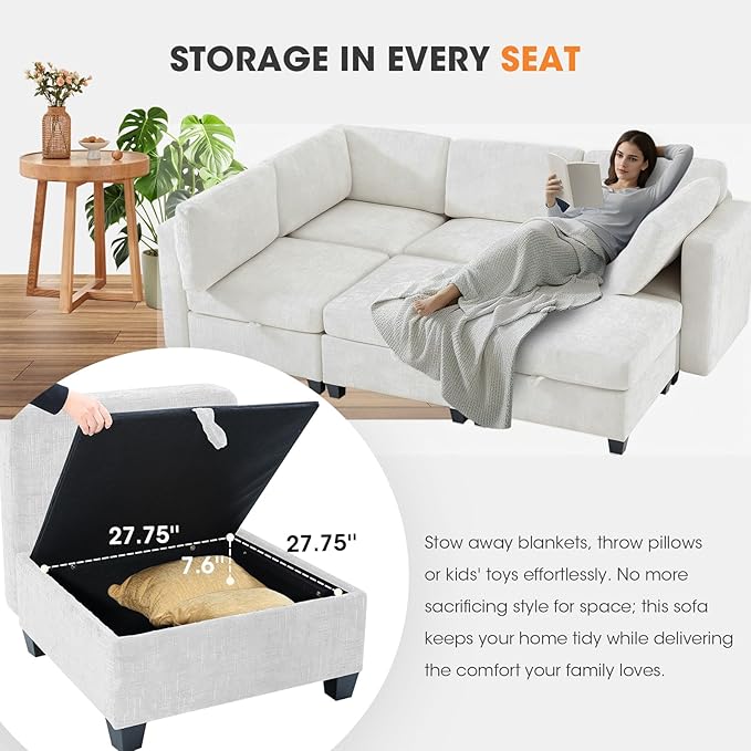 6 Seat Modular Sectional Sofa with Storage Convertible Sectional Couch Modular Sofa with Chaise Living Room Furniture Sets U Shaped Couch with Ottoman Couches for Living Room Beige Textured