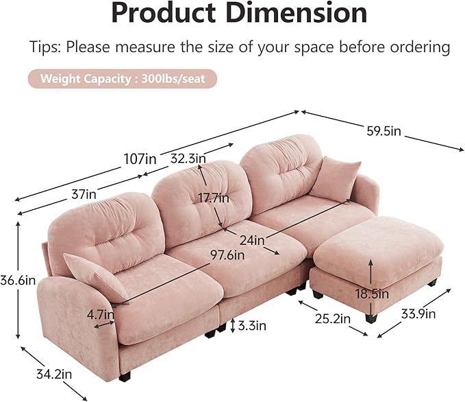 107 L-Shaped 3-Seater Sectional Sofa with Ottoman - Cloud Chaise Lounge Couch High-Resilience Foam &amp Ergonomic Support for Family Living Room Pink