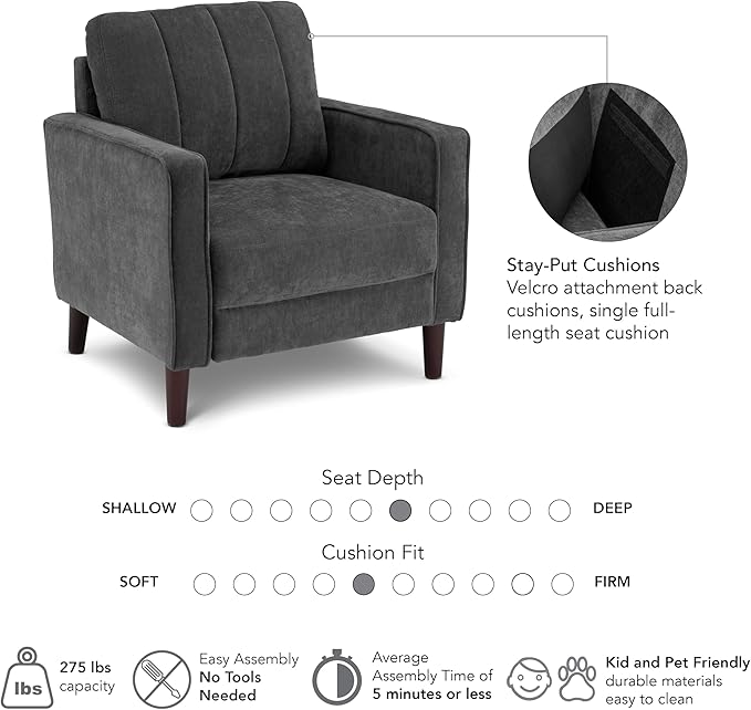 Bush Home 32-inch Accent Chair Living Room Furniture Max Collection Iron Gray Chenille Fabric
