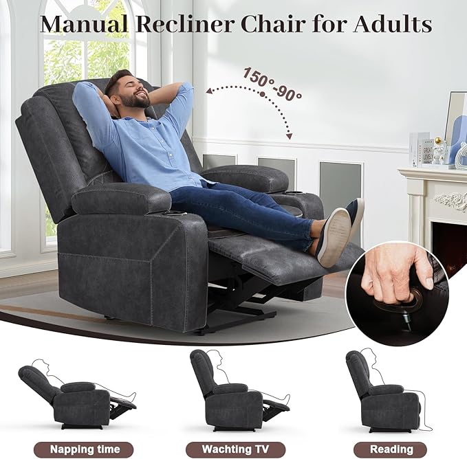 Recliner Chairs for Adults Oversize Manual Reclining Chair with 2-Tier Cushions Dutch Velvet Recliner Chair with Hidden Storage Space Living Room Recliner Chairs with Cup Holders - Grey