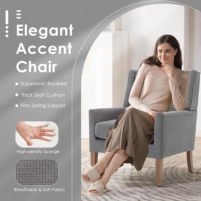 COLAMY Modern Wingback Living Room Chair Set of 2 Upholstered Fabric Accent Armchair Single Sofa Chair with Lounge Seat and Wood Legs for Bedroom/Office/Reading Spaces Gery