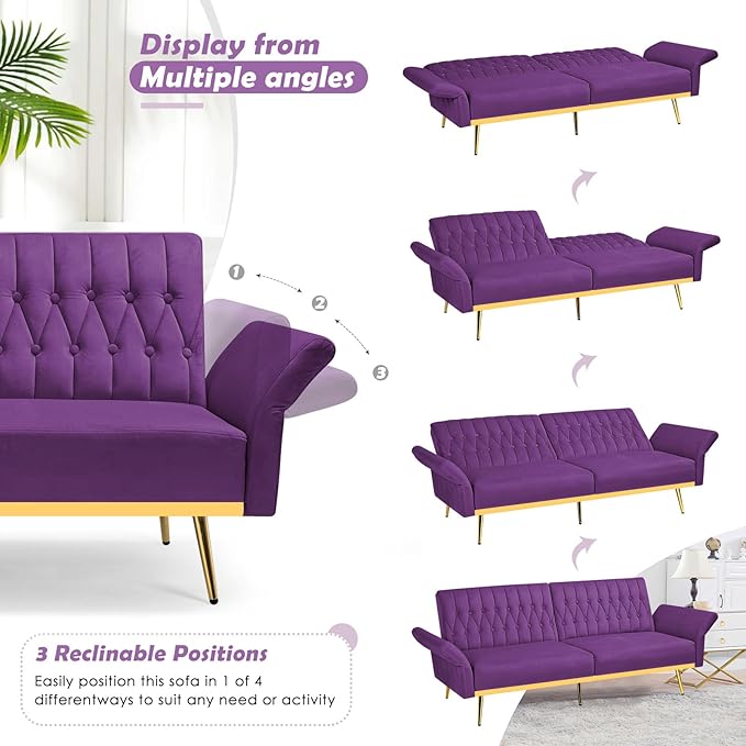 70 Velvet Futon with Adjustable Backrest and Armrests Sofa Bed with Extra Pillows for Waiting Room Living Room and Office Purple