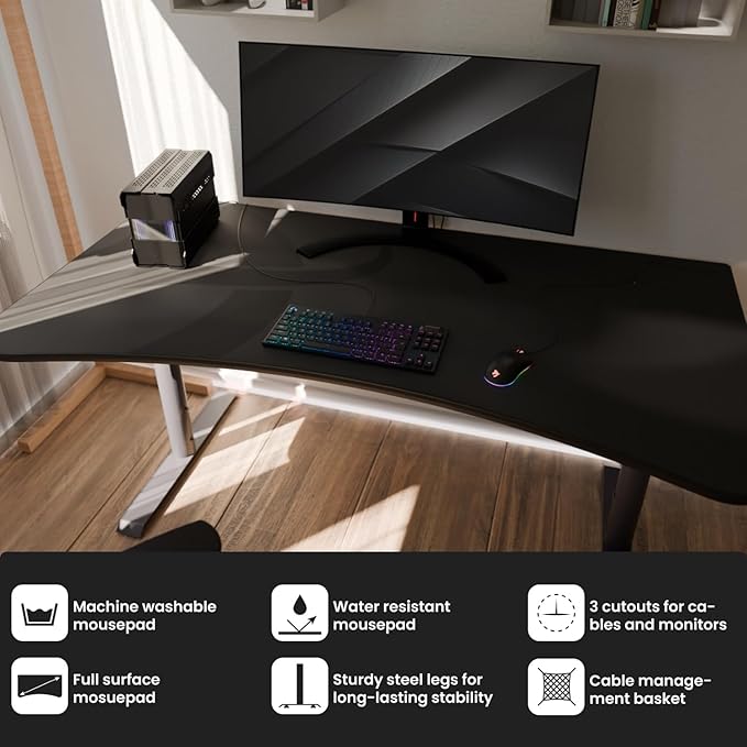 Arozzi Arena Ultrawide Curved Gaming and Office Desk with Full Surface Water Resistant Desk Mat with 3 Custom Monitor Mount Cut Outs and Under The Desk Cable Management Netting - Gunmetal