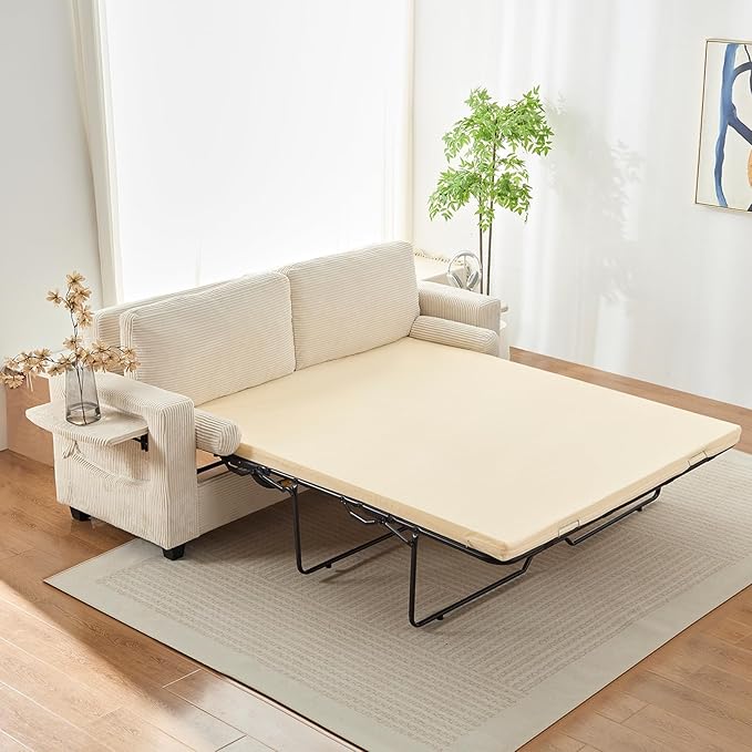 Mjkone 82 Width Queen Size Pull Out Sofa Bed Sleeper Couch with Pull Out Beds 2-in-1 Convertible Corduroy Loveseat Sleeper Sofa Couch Bed with Folding Mattress for Living Room Home Apartment Beige