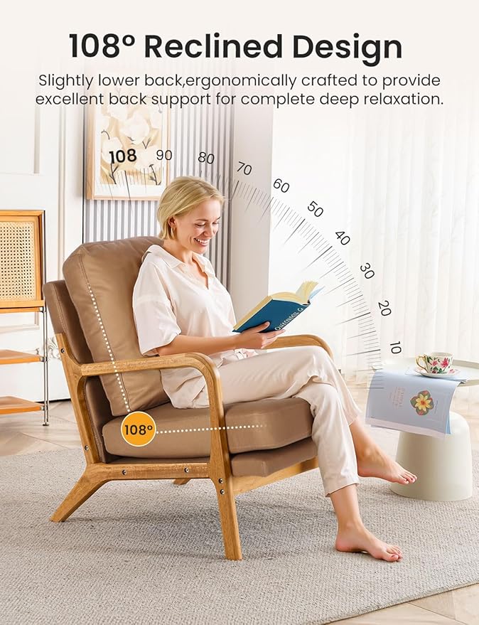 Mid Century Modern Accent Chairs for Living Room 23” Wide Comfy Chair for Bedroom Small Cozy Reading Chairs for Adults 108° Lounge Arm Chair Indoor with Detachable Cover 5.5 Foam Cushion