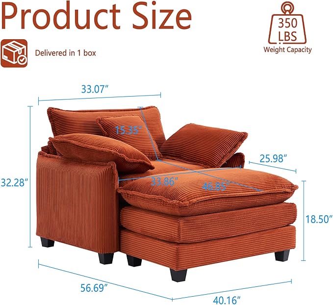 Oversized Chair with Ottoman Modern Corduroy Sofa Bed Single Sofa Chaise Large Upholstered Sofa for Living Room Bedroom (Orange)