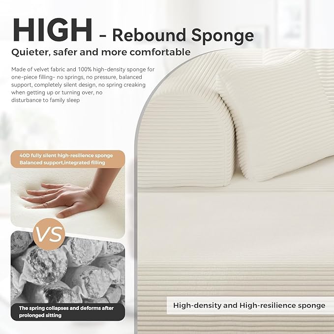 79'' Upgrade High Backrest Sofa Bed with Fixed Frame Removable Armrests &amp Backrest Corduroy Fabric Convertible Couch for Small Spaces No Assembly Needed (High Backrest Beige White)
