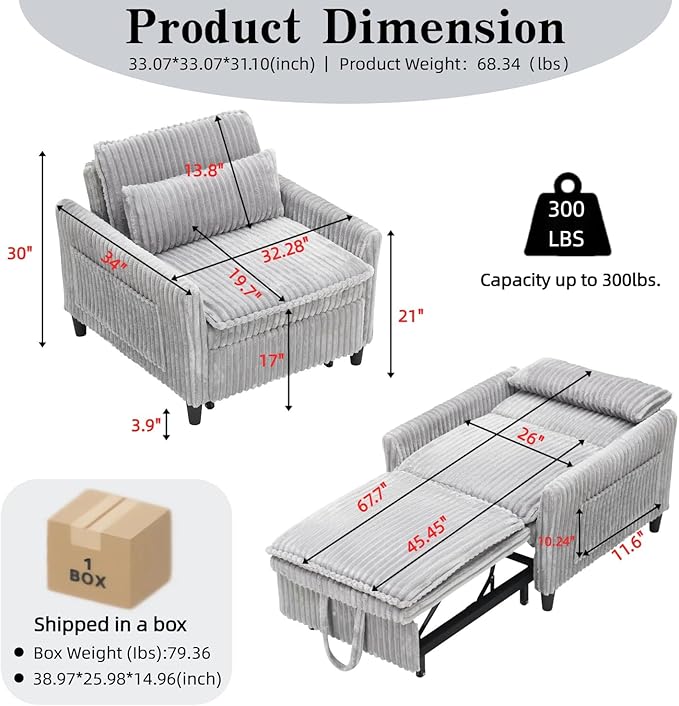 32 Wide Convertible Sleeper Chair with Pull Out Bed 3-in-1 Single Sofa Bed Adjustable Backrest &amp Side Storage Pocket | Space-Saving Couch for Small Spaces Living Room &amp Bedroom(Gray)
