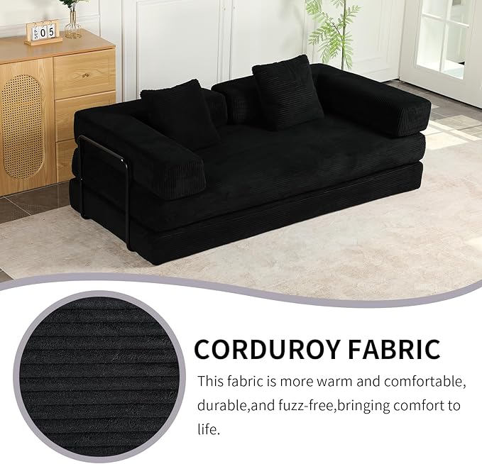 Convertible Sleeper Sofa Bed Compression Folding Sofa with Pillow No Assembly Required Shape Frame Floor Sofas Lounge Couch for Living Room Bedroom Small Spaces(Corduroy 77''W Black)