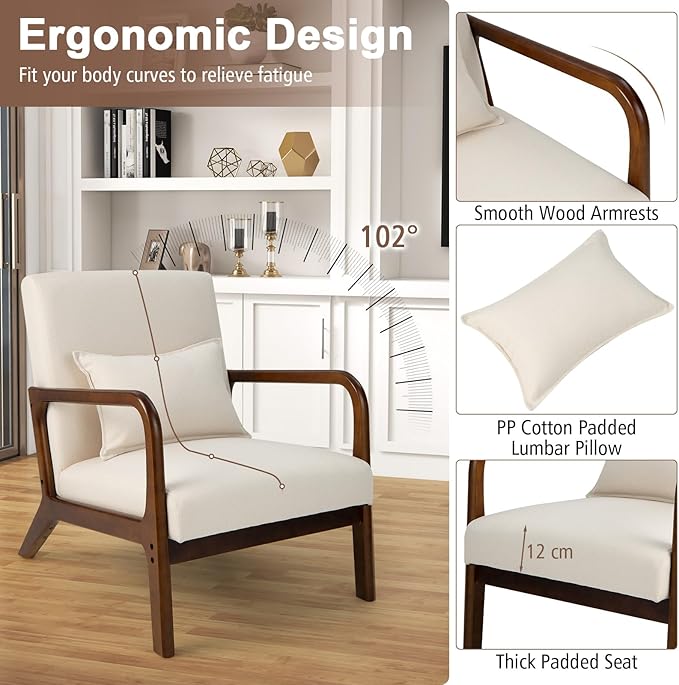 GORELAX Mid Century Modern Accent Chair Upholstered Lounge Armchair with Wood Frame &amp Lumbar Pillow Comfy Reading Chair for Living Room Bedroom Office (1 Beige)