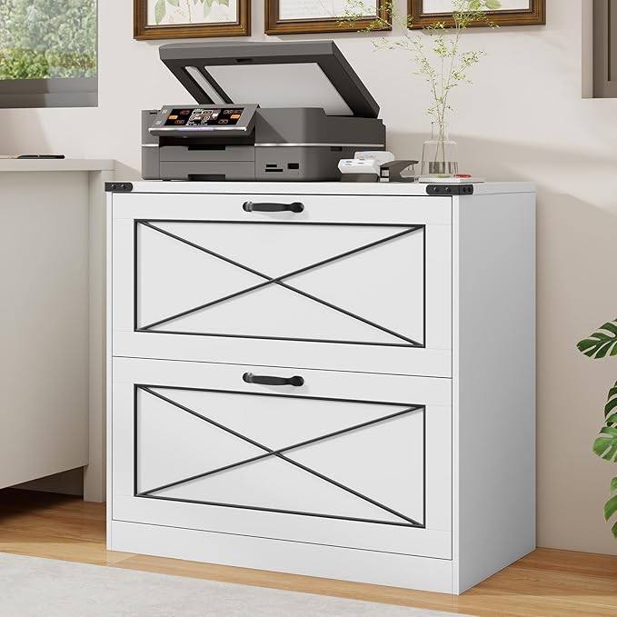 Vabches Lateral File Cabinet with 2 Drawers Farmhouse Filing Cabinet Office File Cabinet with File Drawers Wood Rustic Storage Cabinet File Organizer for Home Office Living Room White