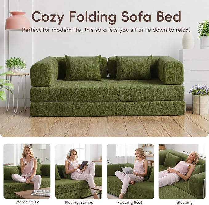 5-in-1 Convertible Folding Sofa Bed 79 Queen Chenille Boneless Couch with Removable Armrests No Assembly Loveseat Sleeper Sofa Modular Futon Couch for Living Room &amp Bedroom Green