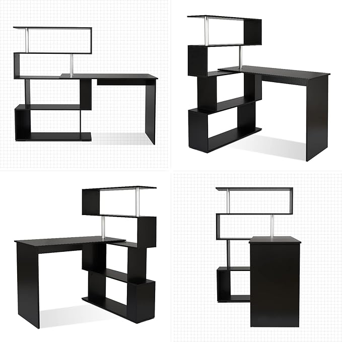 41.7 L Shaped Desk with 4-Tier Storage Shelves Computer Corner Desk for Study Home Office Living Room (Black)