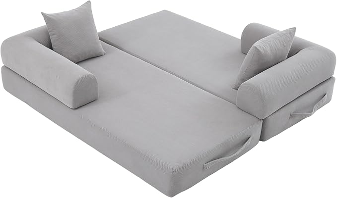 Convertible Sleeper Sofa Bed with Fixed-Shape Frame Modern Corduroy Folding Boneless Couch with 2 Pillows Comfy Floor Sofa Couch for Living Room No Assembly Required (Light Grey)