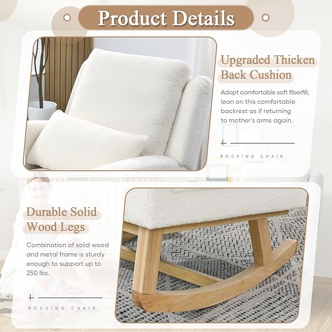 Antetek Rocking Glider Chair for Nursery Wingback Accent Rocker Chair Upholstered Tall Back Arm Chair w/Side Pockets Modern Leisure Single Sofa for Living Room Hotel Bedroom Baby Room Cream