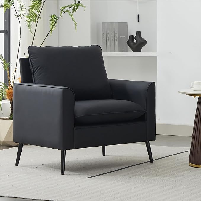 YITAI Modern Accent Living Room ChairsFaux Leather Oversized Single Sofa Chair with Metal Legs Mid Century Comfy Armchair for Bedroom/Office Reading/Lounge/Office/Reception2PCBlack