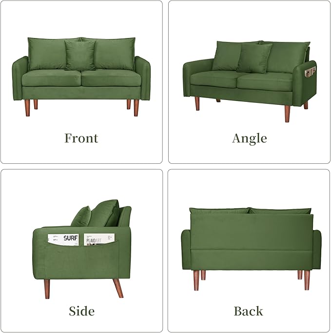 56.1 Round Arm Velvet Loveseat with Side Pockets and a Square Pillow (Army Green) | Side Storage Pockets Pillow Included