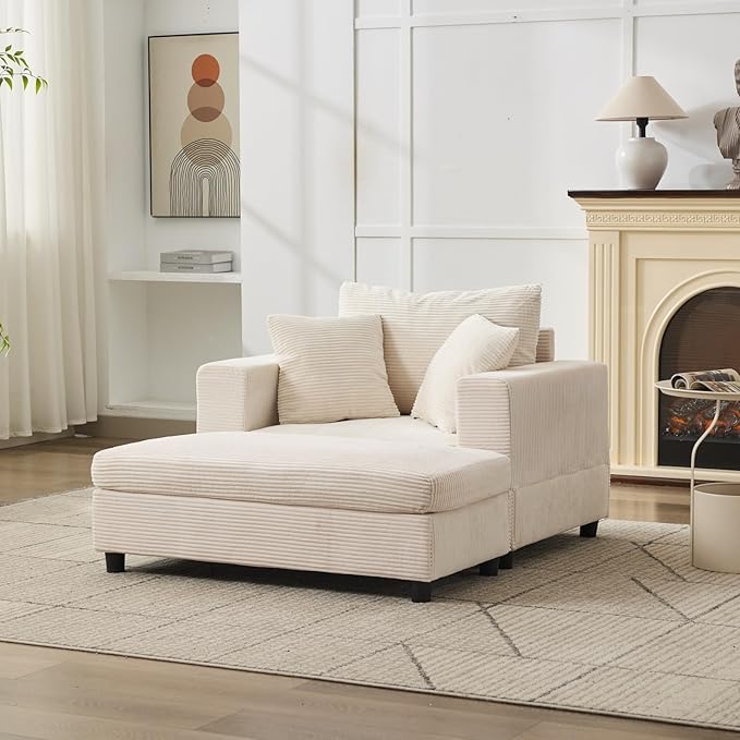 Chaise Lounge Chair with Removable Ottoman Modern Corduroy Accent Sleeper Sofa Bed with Pillows Deep Seat Upholstered Armchair for Living Room Bedroom (Beige)