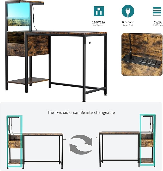 Computer Desk with Power Outlet &amp Storage Shelves Study Writing Table with USB Ports Charging Station PC Desk Workstation for Home Office Brown