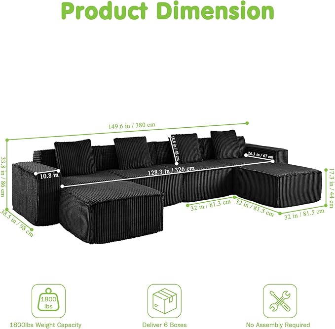 149.6'' Boneless Couch Cloud Couch Sectional U-Shape Modular Sectional Sofa Convertible Corduroy Sleeper Sofa Bed Upholstered Couches for Living Room No Assembly Required