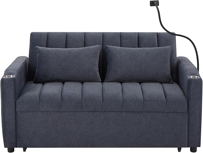 LUMISOL 3-in-1 Convertible Sleeper Sofa Bed 55.9 Loveseat Pull Out Bed with USB Ports Cup Holders Swivel Stand &amp Storage Pockets Modern Tufted Sofa Bed with Pillows Blue Grey