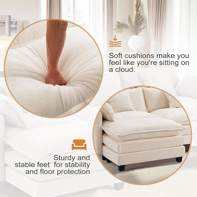 Furniliving Oversized Accent Chair with Ottoman Luxury Chenille Single Sofa Upholstered Deep Seat Chaise Lounge with Pillows for Living Room Bedroom Apartment Beige