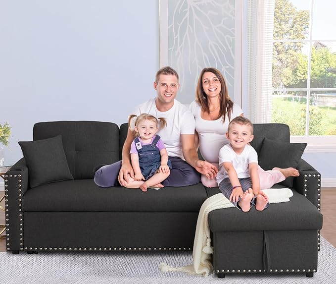 asunflower Small Sleeper Sofa with Pull Out Couch 83 Convertible Sofa Bed with Storage L-Shaped Sectional Sleeper with Cup Holders 3-Seater Couch Bed for Small Spaces Bedroom Offices Dark Grey