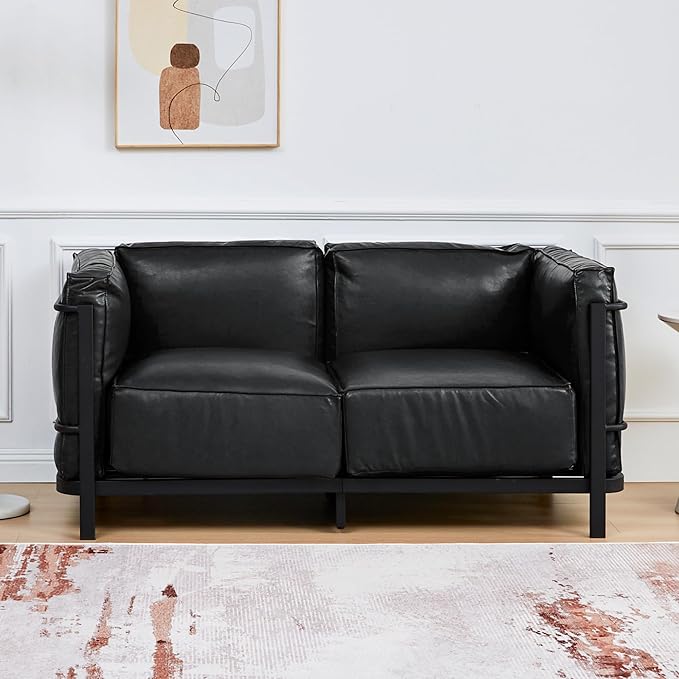 2 Piece Living Room Sofa set Mid-Century Modern Upholstered Couch Chair Faux Leather Sofa Couch with Iron Frame and Upholstered Armrest Backrest Cushion for Living Room Office Apartment (Black)