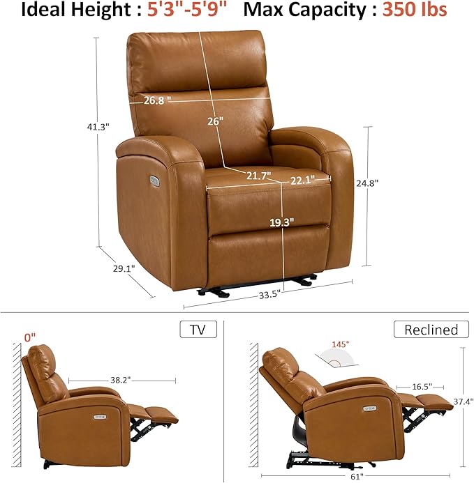 MCombo Zero Wall Recliner Chair Power Wall Hugger Recliner with USB &amp Type-C Dual Charge Ports for Small Space Living Room RV PR644 (Cognac Brown)