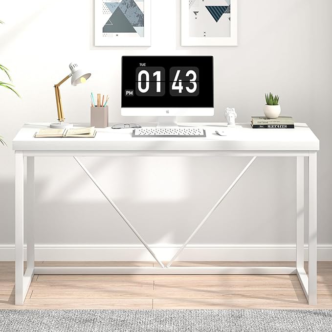 EXCEFUR White Computer Desk Modern Home Office Desk Small Wood Study Writing Table Workstation for Bedroom Living Room 47 inch