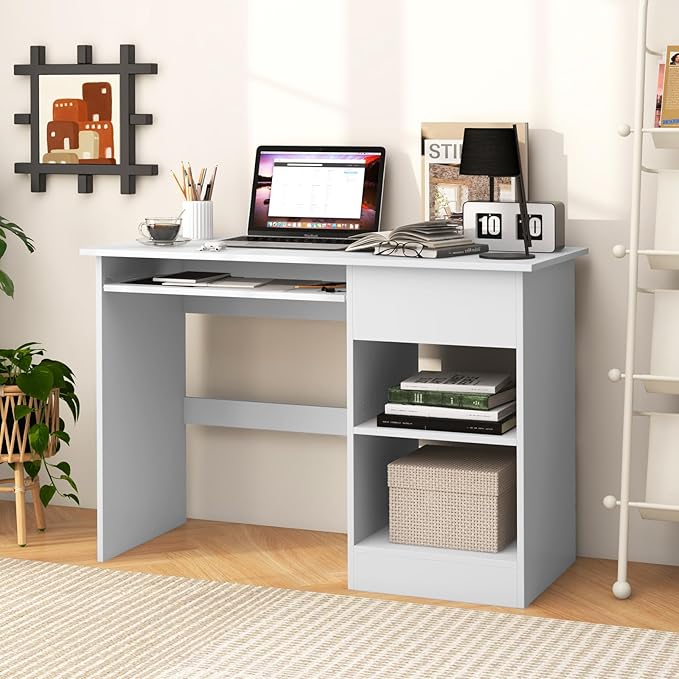 Computer Desk with Drawers Modern Office Desk with Keyboard Tray and Open Storage Shelf Study Table for Kids White Home Office Desks Small Desk for Bedroom Living Room Study (White)