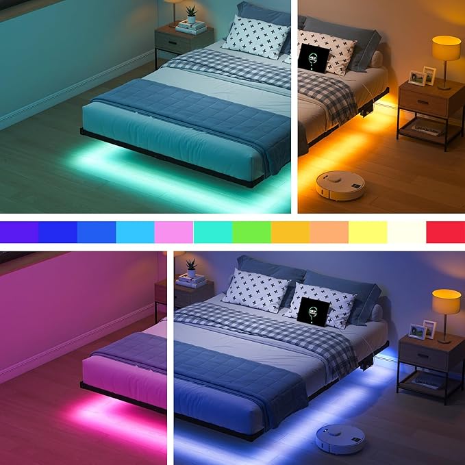 Full Size Floating Bed Frame with LED Lights and Charging Station - 10 inch Platform Bed Frame No Box Spring Needed Easy Assembly