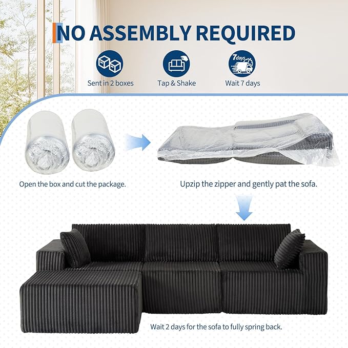 108'' Modular Sectional Sofa Corduroy Sponge Compression Sofa with Deep Seat Comfy Memory Foam Sofa for Living Room Bedroom No Assembly Required Grey