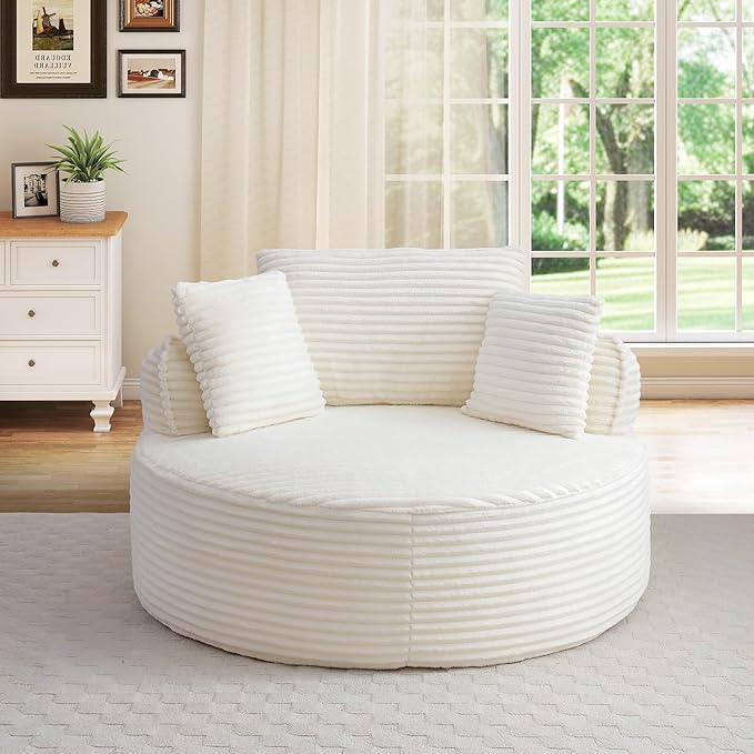 53-inch Boneless Round Chair Circle Corduroy Memory Foam Upholstered Chaise Lounge Indoor Comfy Reading Accent Deep Seat Sofa Chair for Living Room Bedroom Office No Assembly Required Beige