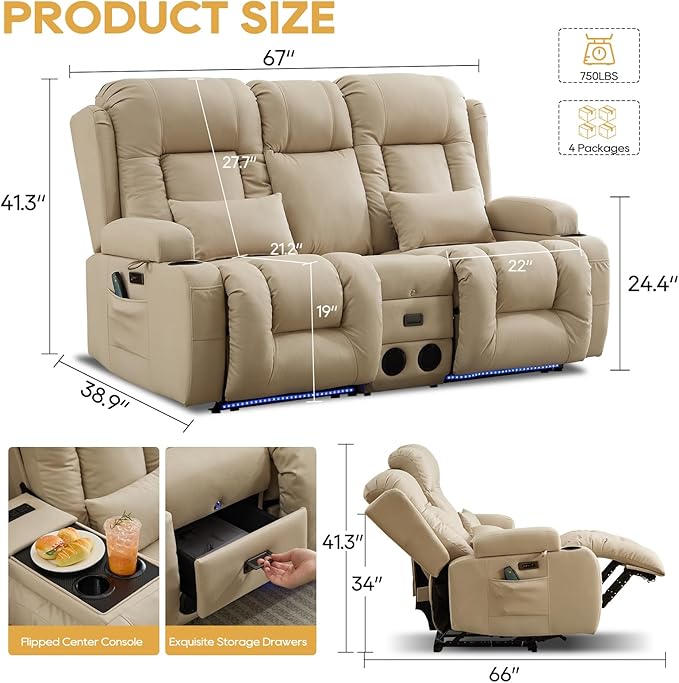 IPKIG Power Loveseat Recliner Sofa with Flip-Up Backrest Console Bluetooth Speakers Drawer AC Outlet LED Light Wall Hugger Recliners for Living Room RV Home Theater (Beige Loveseat)