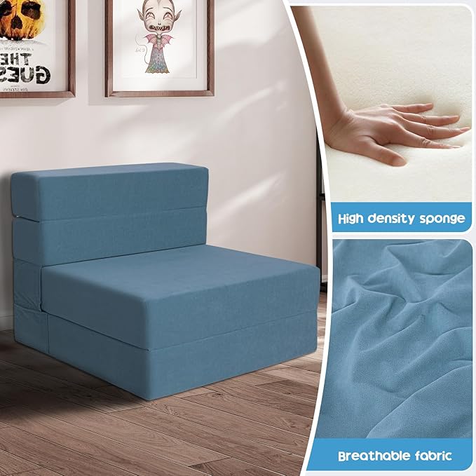 Folding Sofa Bed 4 in 1 Convertible Sleeper Chair with Washable Cover Memory Foam Fold Out Chair Bed Portable Floor Futon Sofa Couch for Living Room Dorm Guest Room Home Office Blue | Folding
