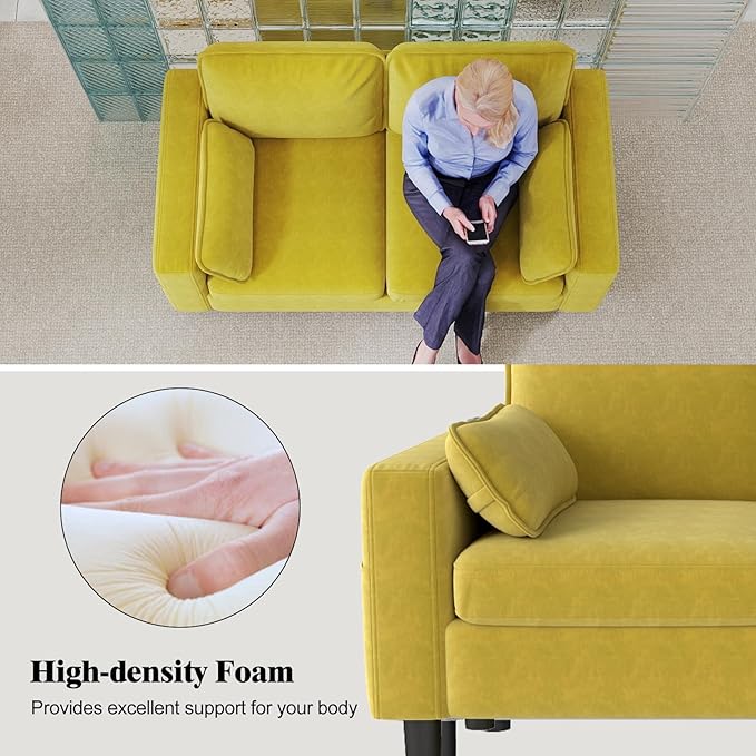 kinbor Small Couches for Small Spaces - Set of 2 Modern Loveseat Sofa with Magazine Pockets &amp Detachable Cover Durable Foam Couch for Living Room Office Salon Mustard Yellow