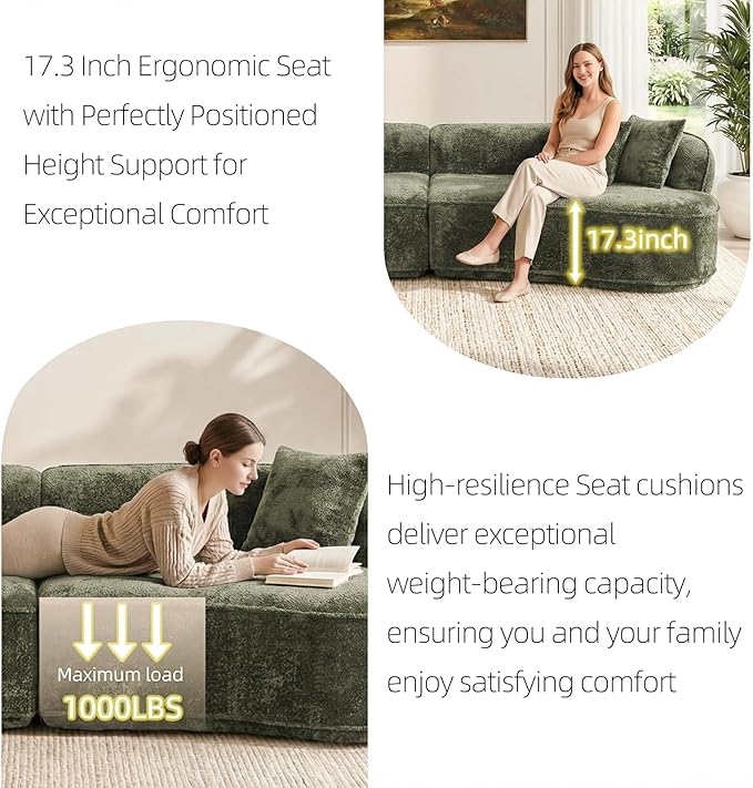 114 Curved Sectional Sofa Couch4 Seater Oversized Boneless Cloud Couch with 4 Throw PillowsModern Comfy Chenille Memory Foam Sofa Deep Seat Couches for Living Room (Green 114.2 Inch)