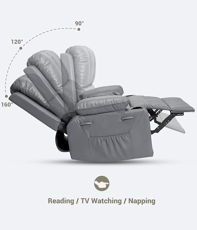 Oversized Recliner Extra Wide 27 Leather Recliner Chair Manual Recliner Chair for Living Room Large Rocking Recliner with Cup Holders and Padded Arms Gray